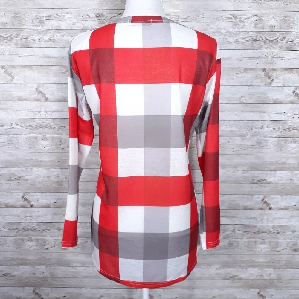 Suvimuga VNeck Top M Long Sleeved Red Gray Plaid 357A - Picture 4 of 7